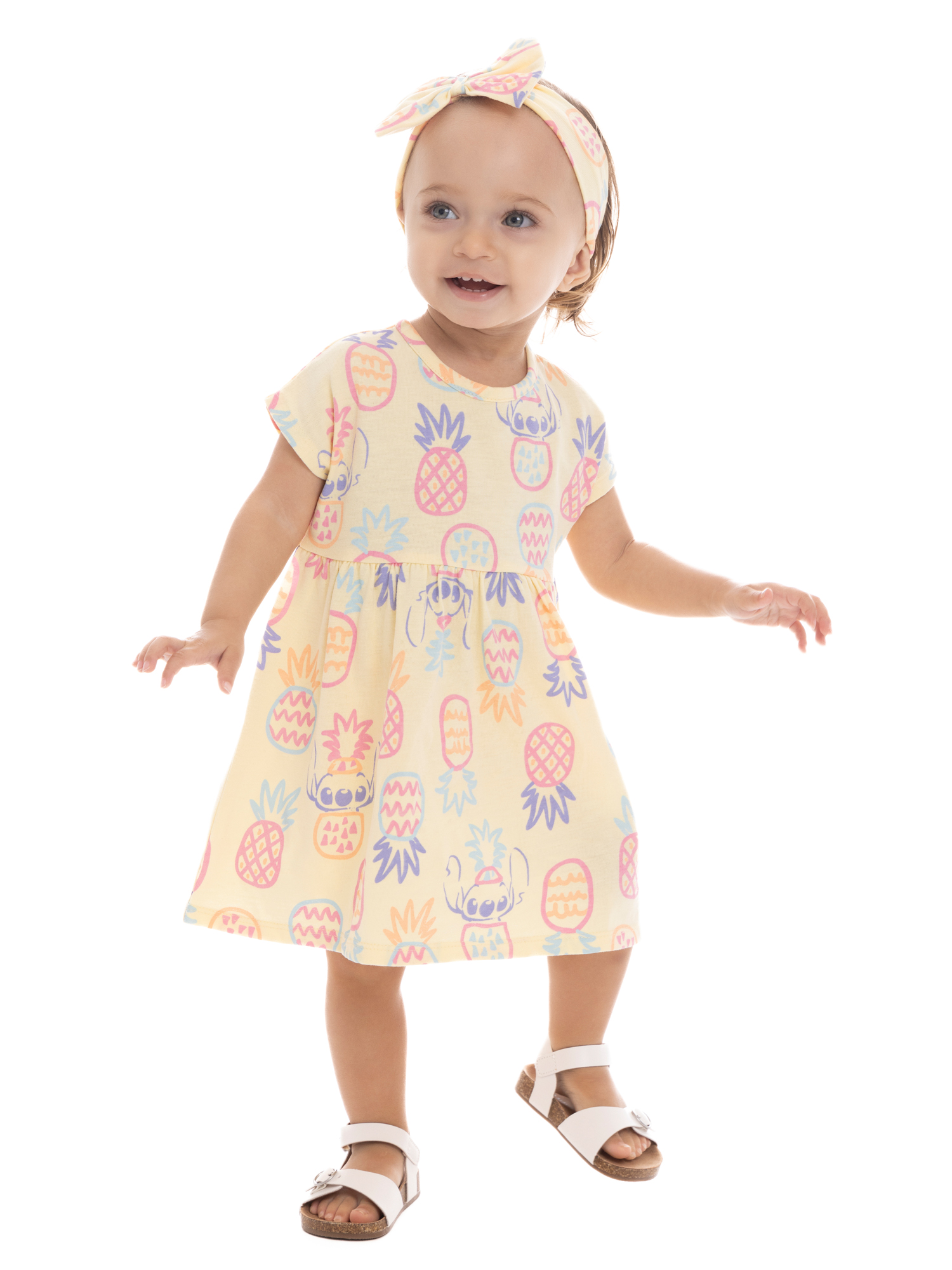 Stitch Baby Girl Allover Print Dress and Diaper Cover with Matching Bow Headband, Sizes 0/3M-24M